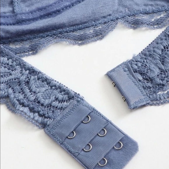 DUSTY BLUE PLUNGING FLORAL LACE HALTER BRALETTE - Picture 4 of 7